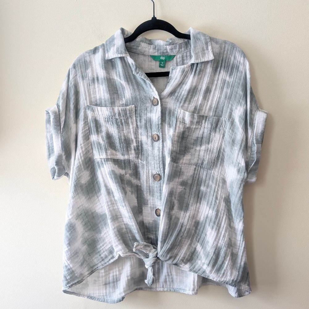 Dip Women's Plus Size Tie Dye Button Down Front Tie Gauze Shirt Sage Size 1X